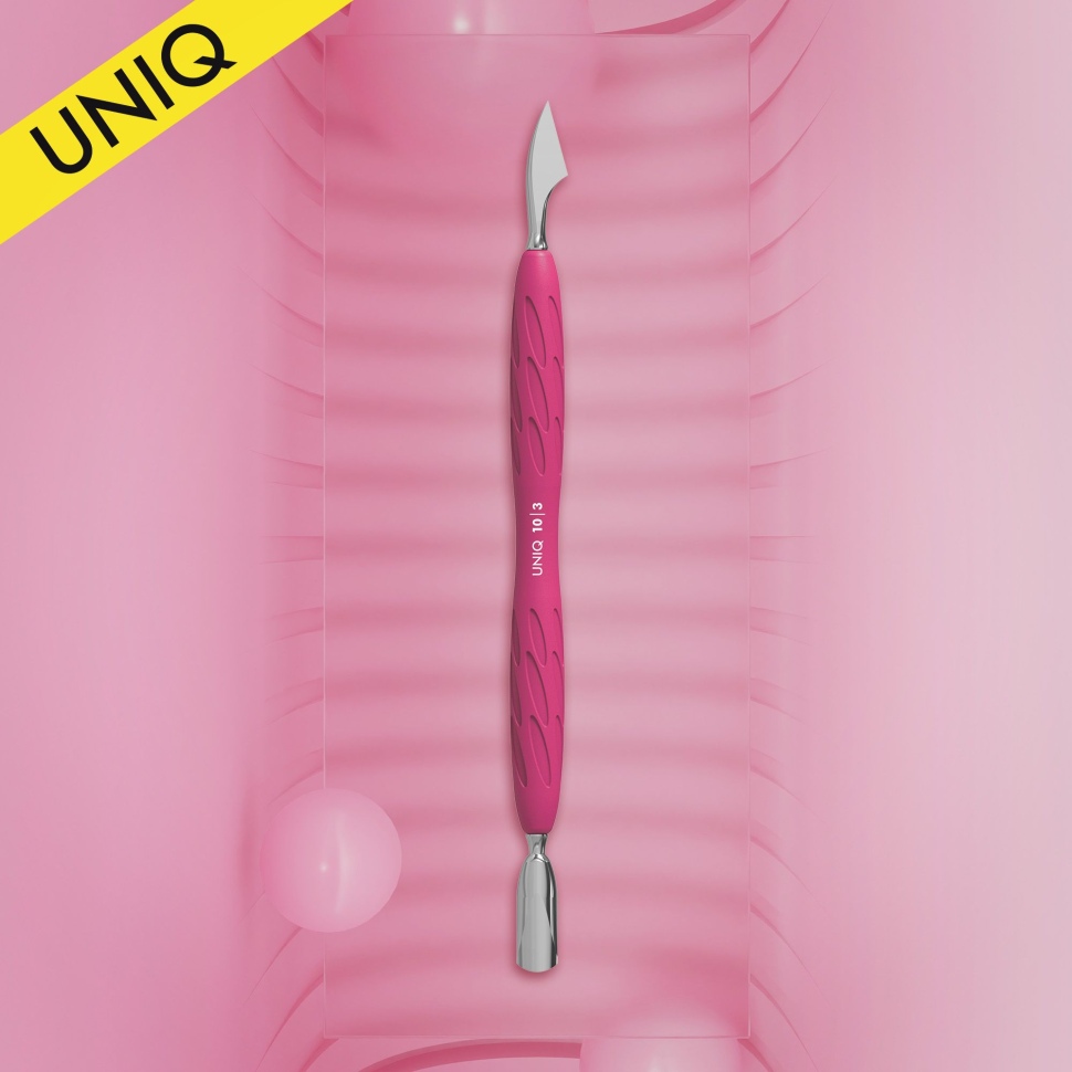 Manicure pusher with silicone handle “Gummy” UNIQ 10 TYPE 3 (narrow rounded pusher + hatchet