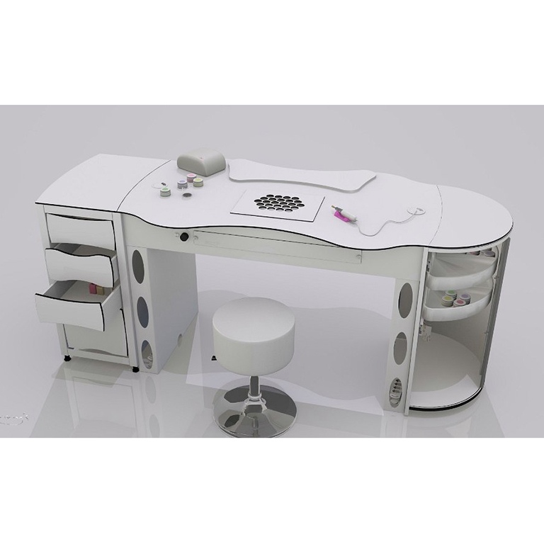 Nail table with semi-circular cupboard with 2 rotating shelves and square cupboard with 4 drawers model "FantasTisch"