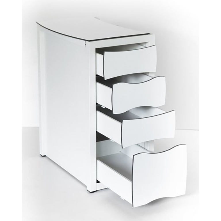 Nail table with semi-circular cupboard with 2 rotating shelves and square cupboard with 4 drawers model "FantasTisch"
